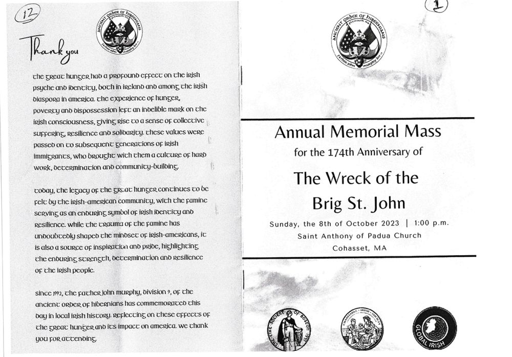 Program for the Annual Memorial Mass for the 174th Anniversary of the Wreck of the Brig St. John