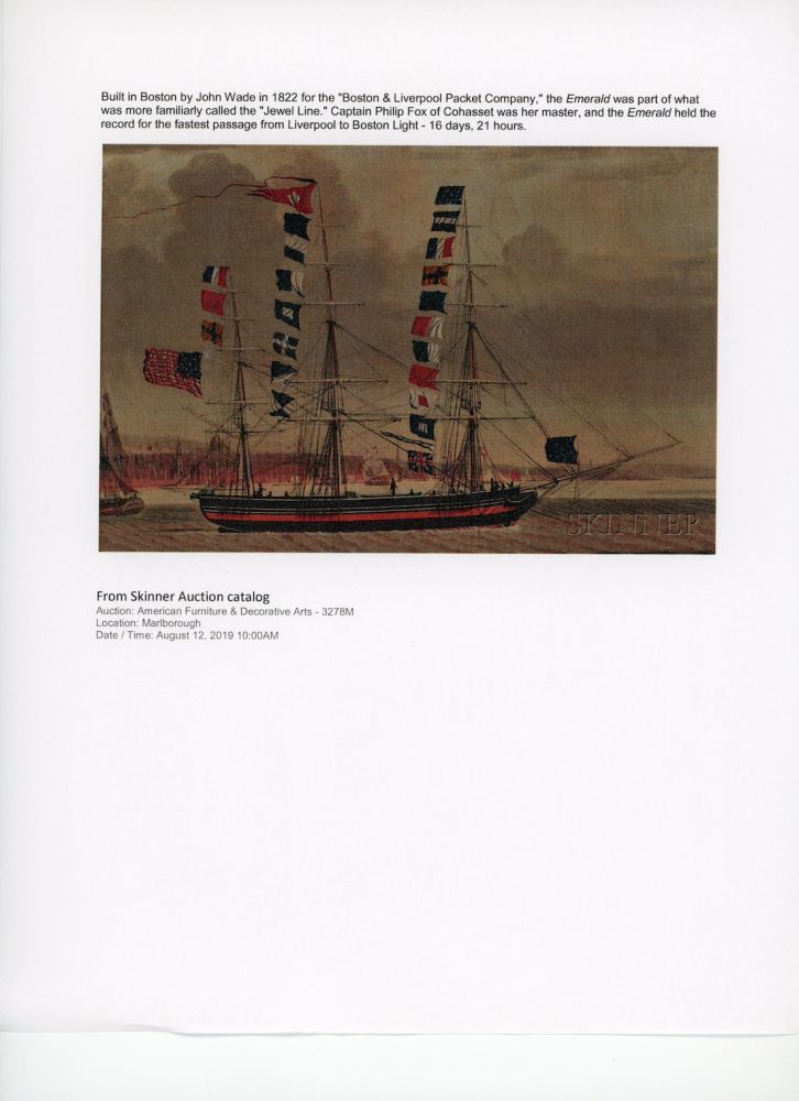 Emerald, captained by Philip Fox in record-setting voyage from Liverpool to Boston Light- 16 days, 21 hours