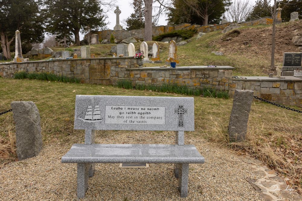 A greater view of the bench with the cemetery background.