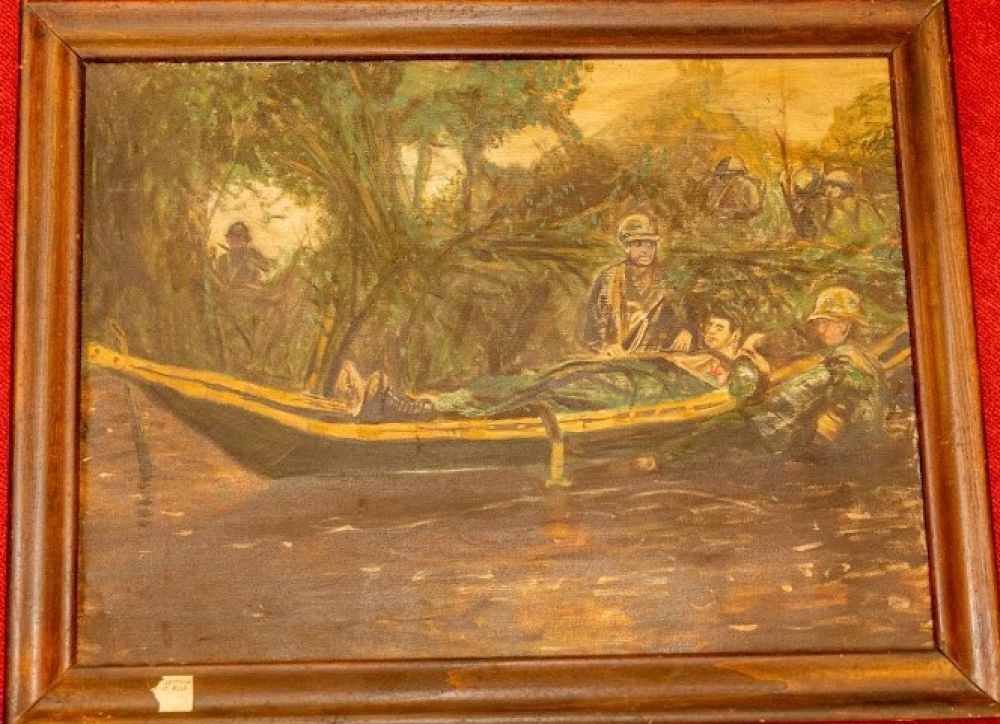 Reid Oil Painting, Transporting a wounded soldier on a small reed boat in Vietnam jungle