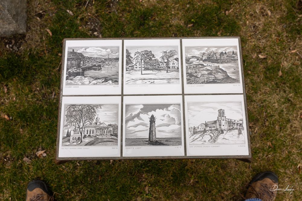 Tile table made from Reid drawings of Cohasset landmarks