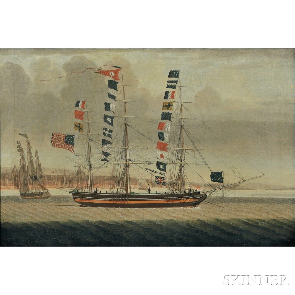 An early 19th century portrait of the packet ship "Emerald" anchored near Liverpool, England. Painted unknown.