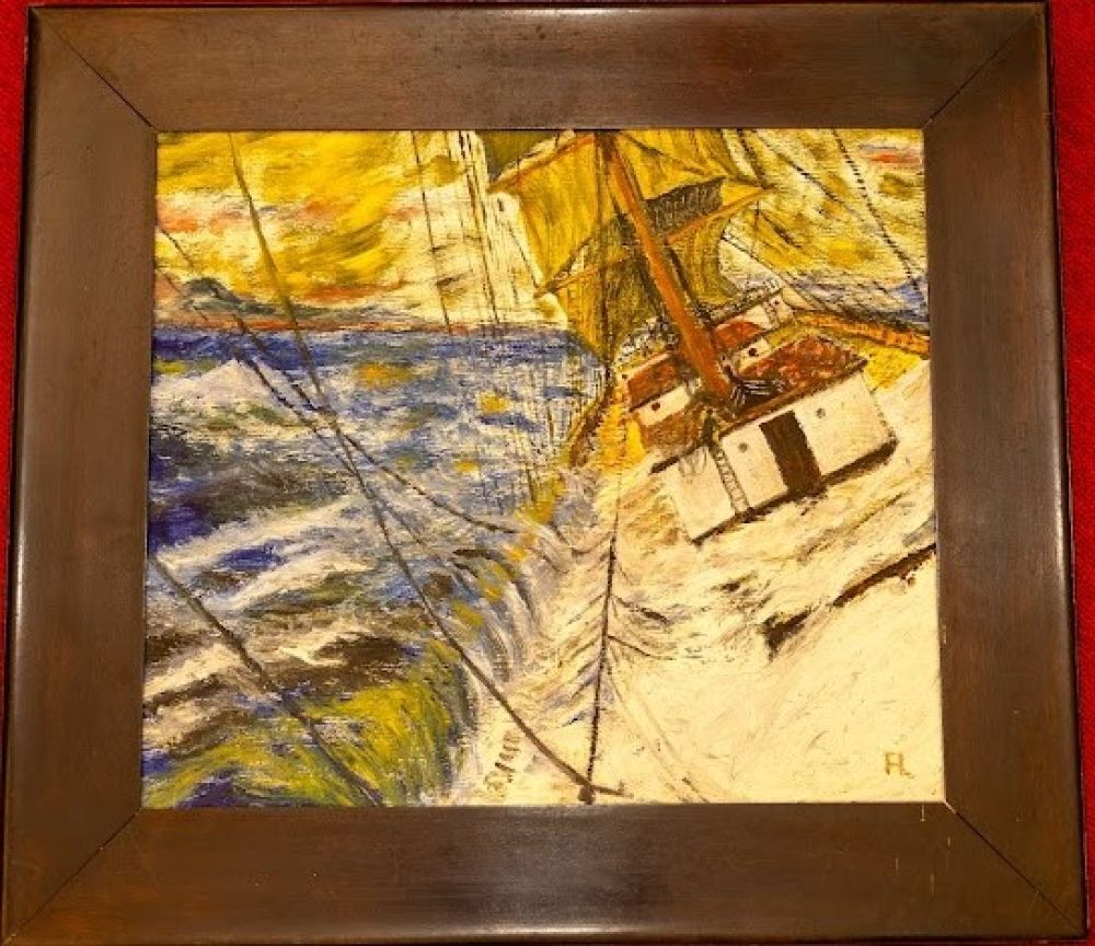 Reid Painting on wood board of sailboat being tossed at sea