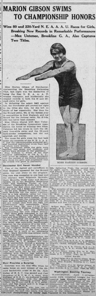 This Boston Globe May 2, 1916 article notes that she had the fastest time for a 55 yard swim and for the furlong swim.