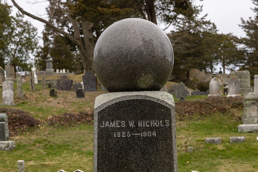 James Nichols granite ball on monument, Cohasset Central Cemetery