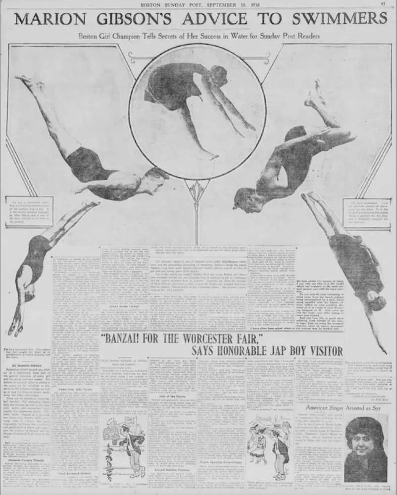 Woods tells the secrets of her swimming success in the a September 10, 1916 Boston Sunday Post article.